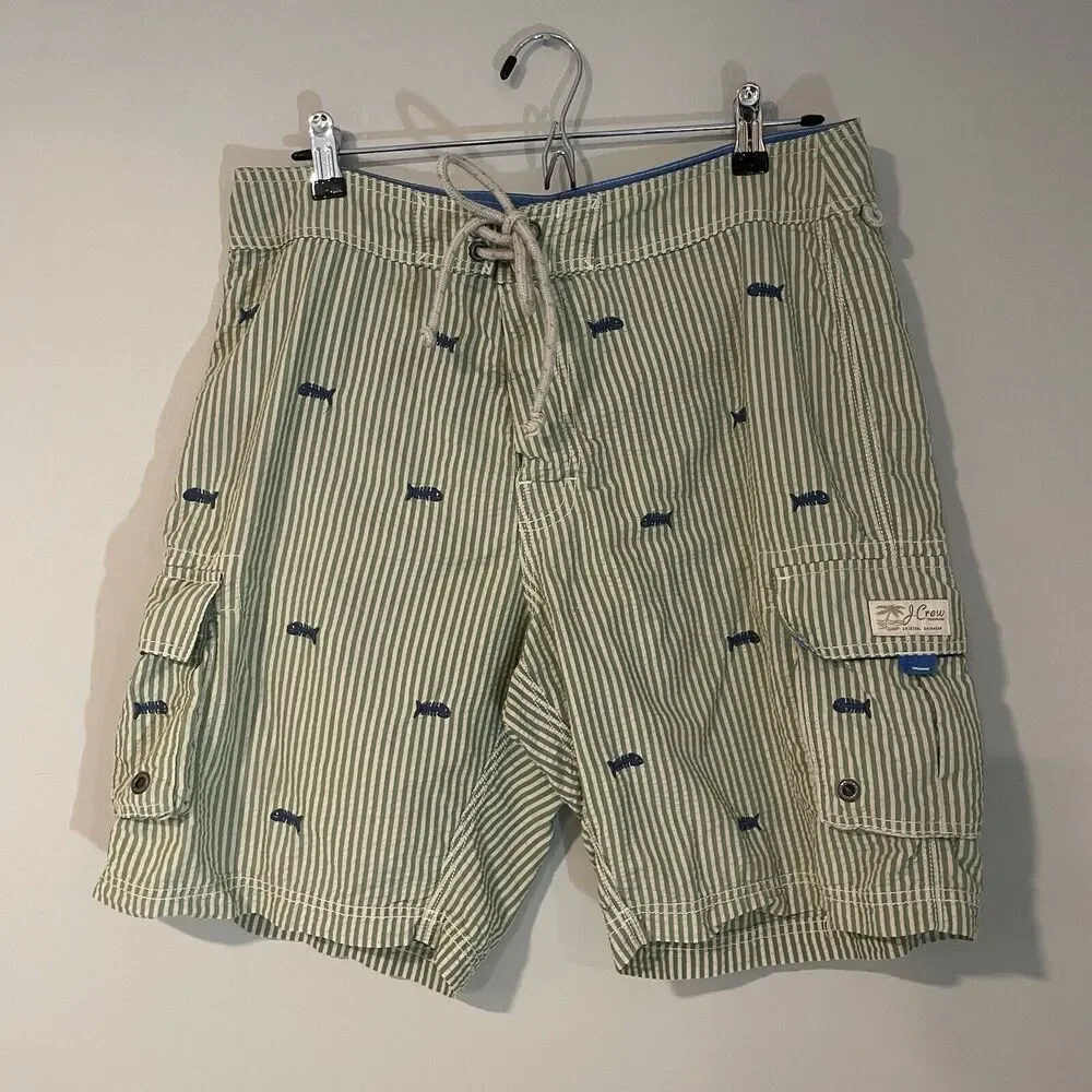 J Crew Swim Shorts Sz 32 Green Striped Seersucker Fish Embroidered Trunks